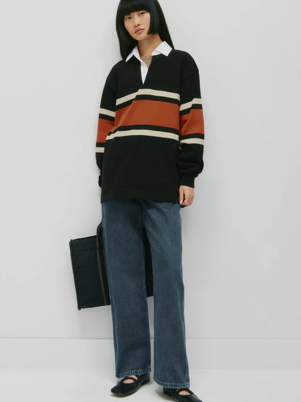 KOTN Black Long Sleeve Rugby Top with Rust and Cream Stripes - Picture 2 of 7